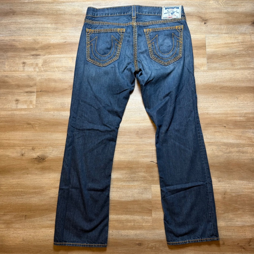 True Religion Jeans Mens 38x34 Blue Straight Leg Orange Thick Stitch Made in USA
